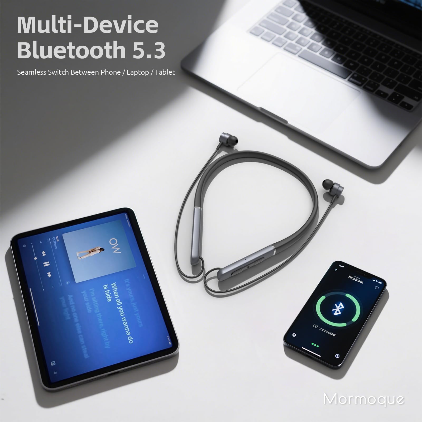 MORMOQUE Cuffie Bluetooth con archetto da collo, auricolari wireless con interruttore magnetico, microfono integrato, 40 ore di riproduzione, ENC + IPX6 impermeabile HD bass, per sport, corsa