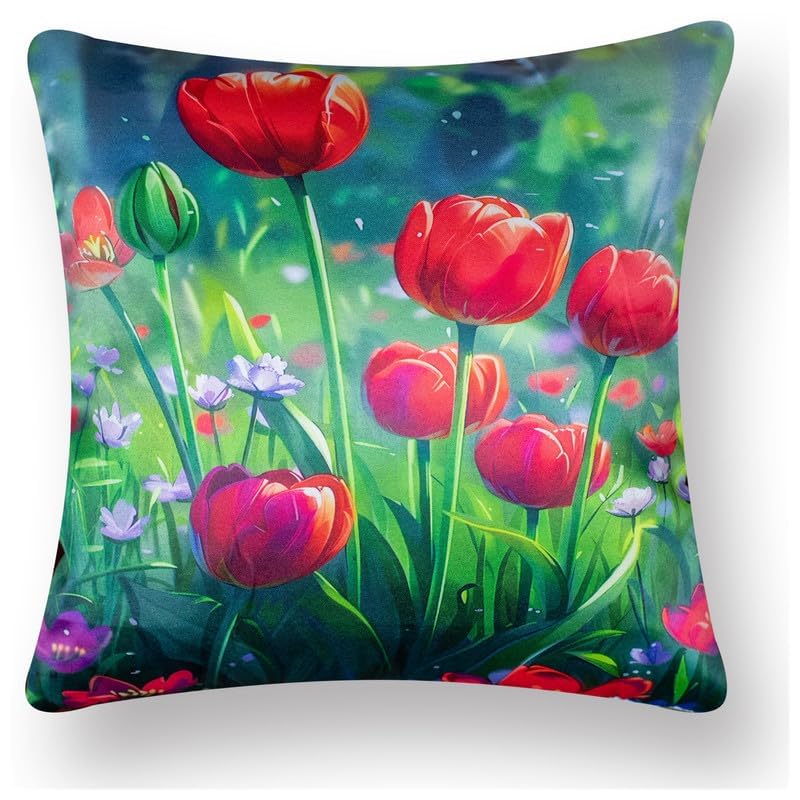 Image of Decorative Satin Sofa Cushion Covers Set of 5, 16 x 16 Inches, Multicolor Floral Printed Pillow Covers for Living Room, Bedroom, Couch & Sofa, Soft Glossy Fabric, Zipper Closure