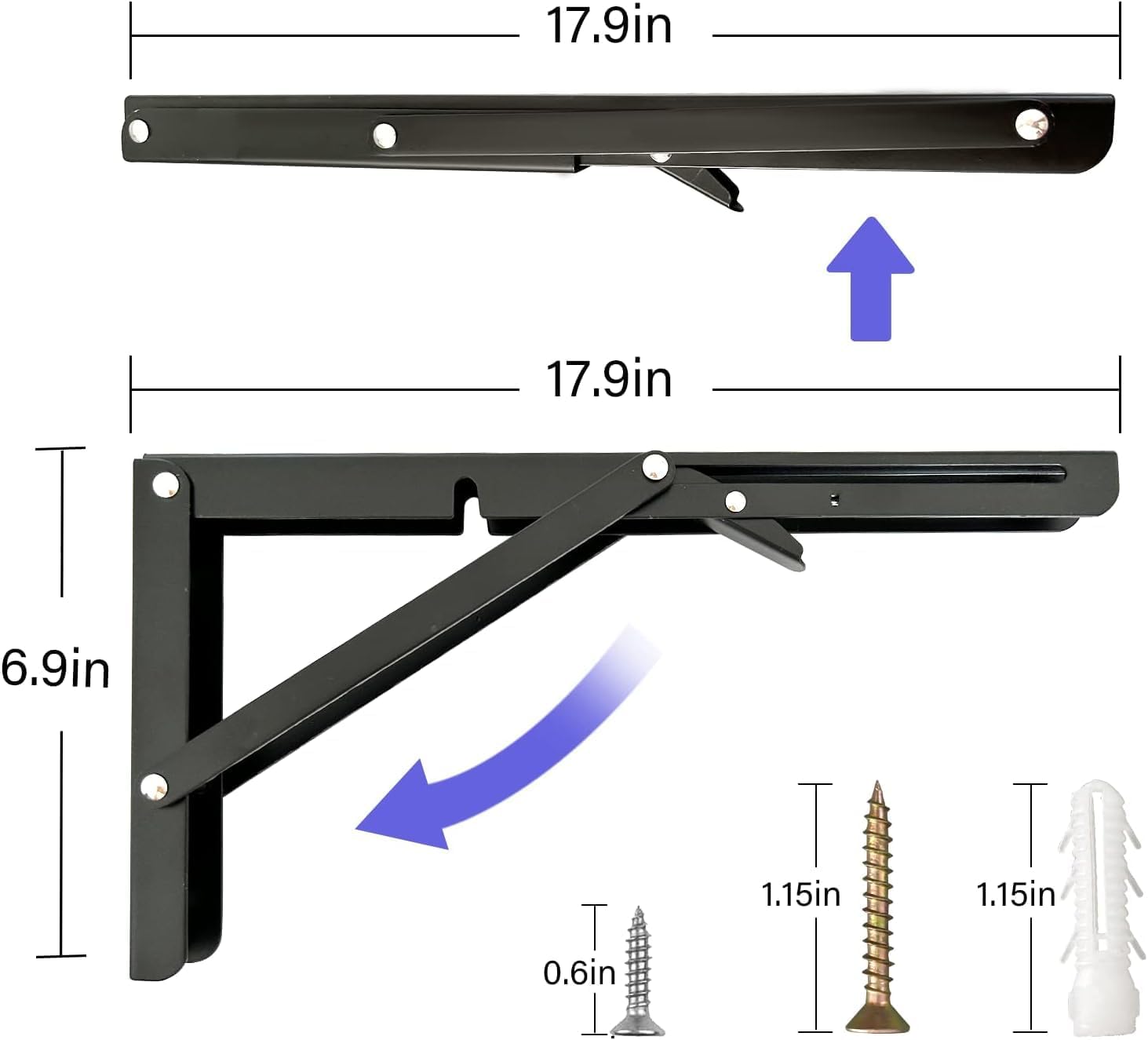 Folding Shelf Brackets,Wall Mounted Shelf Brackets,Heavy Duty Shelf Bracket,Black Metal Shelf Brackets for Bendable Table,Space Saving (18 Inch 6 Pcs)