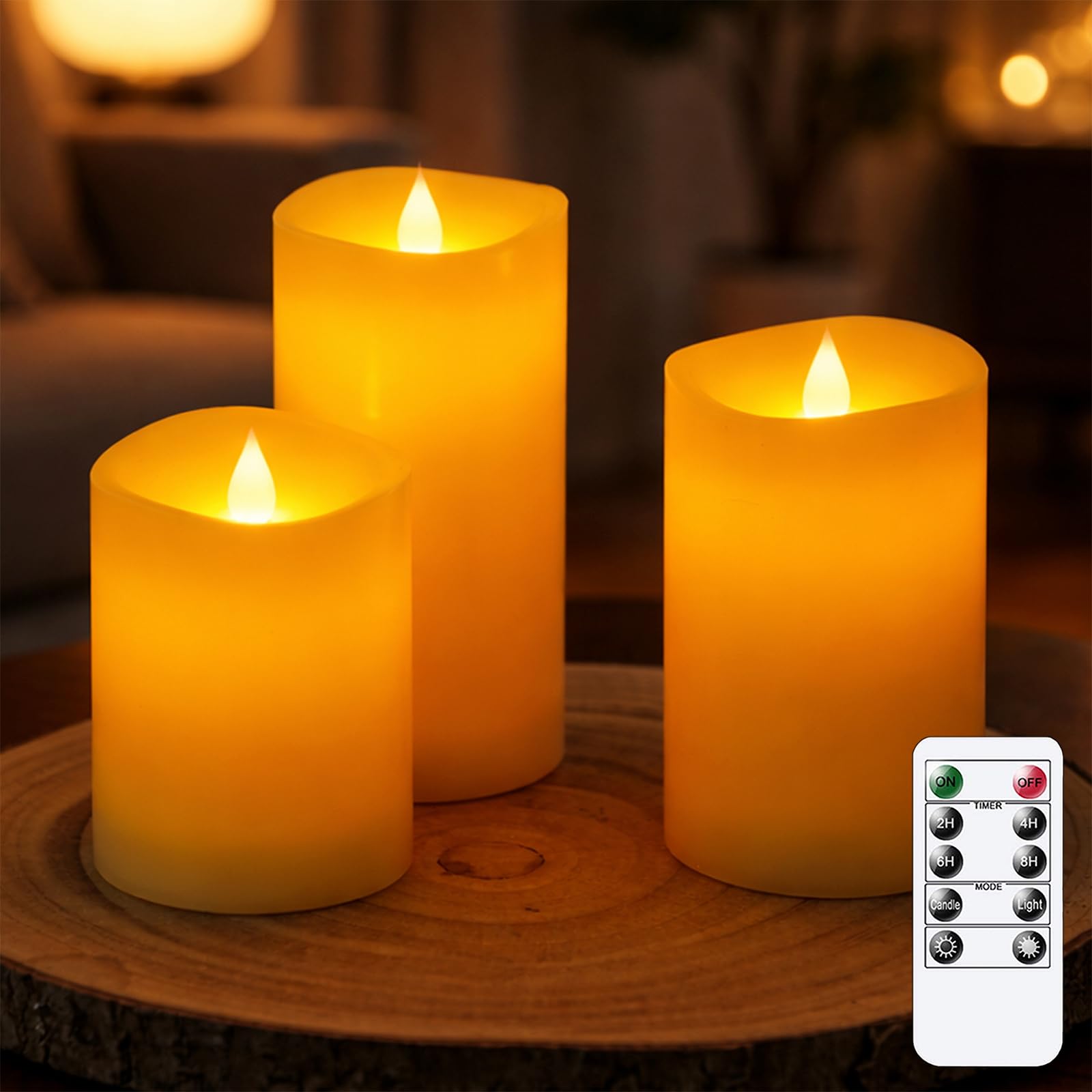 Bryxidor Ivory Led Real Wax Moving Wick Flickering Timer Function Candles, Remote Flameless Pillar Pack Of 3 Electric Fake Battery Operated 7.5Cm X 10, 12.5, 15Cm