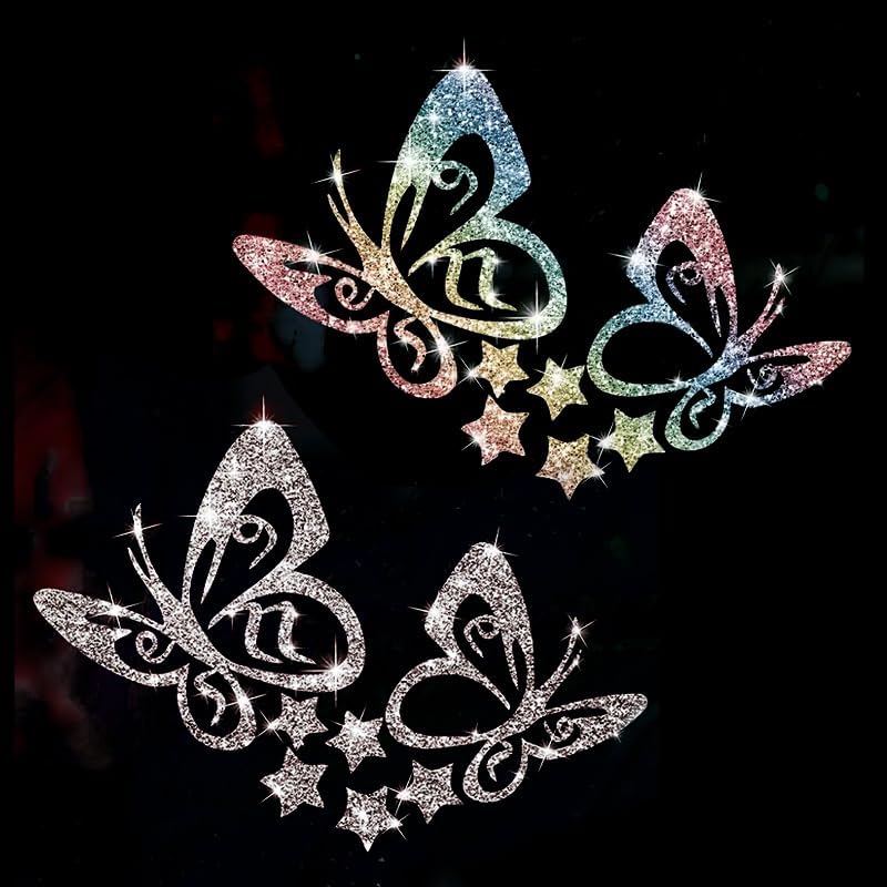 2PCS Butterflies Shine Brightly with Star PVC Rainbow Glittery Decal Sticker for Cars, Laptops, Trucks, Motorcycles Wall Window Luggage Scratch Cover Door Multi-Surface Decor Sticker