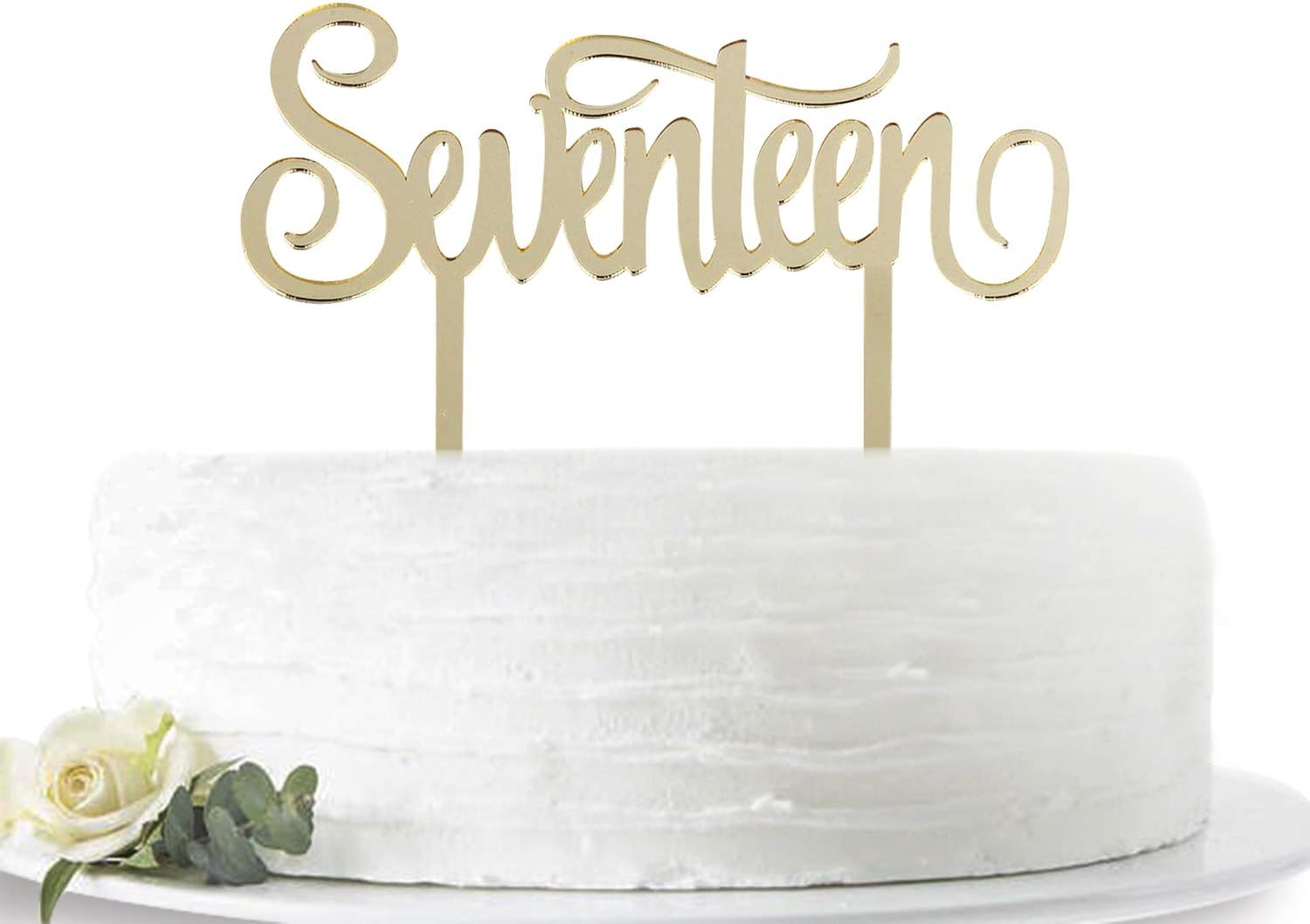 Mirror Gold Seventeen Cake Topper - Happy 17th Birthday/Anniversary Cake Decoration - Cheers to 17 Years Acrylic Party Supplies