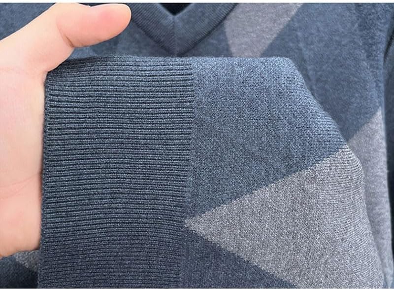 Men's Knitted Sweater Plaid Jacquard Pattern Long Sleeved Pullover Casual V-Neck Sweater