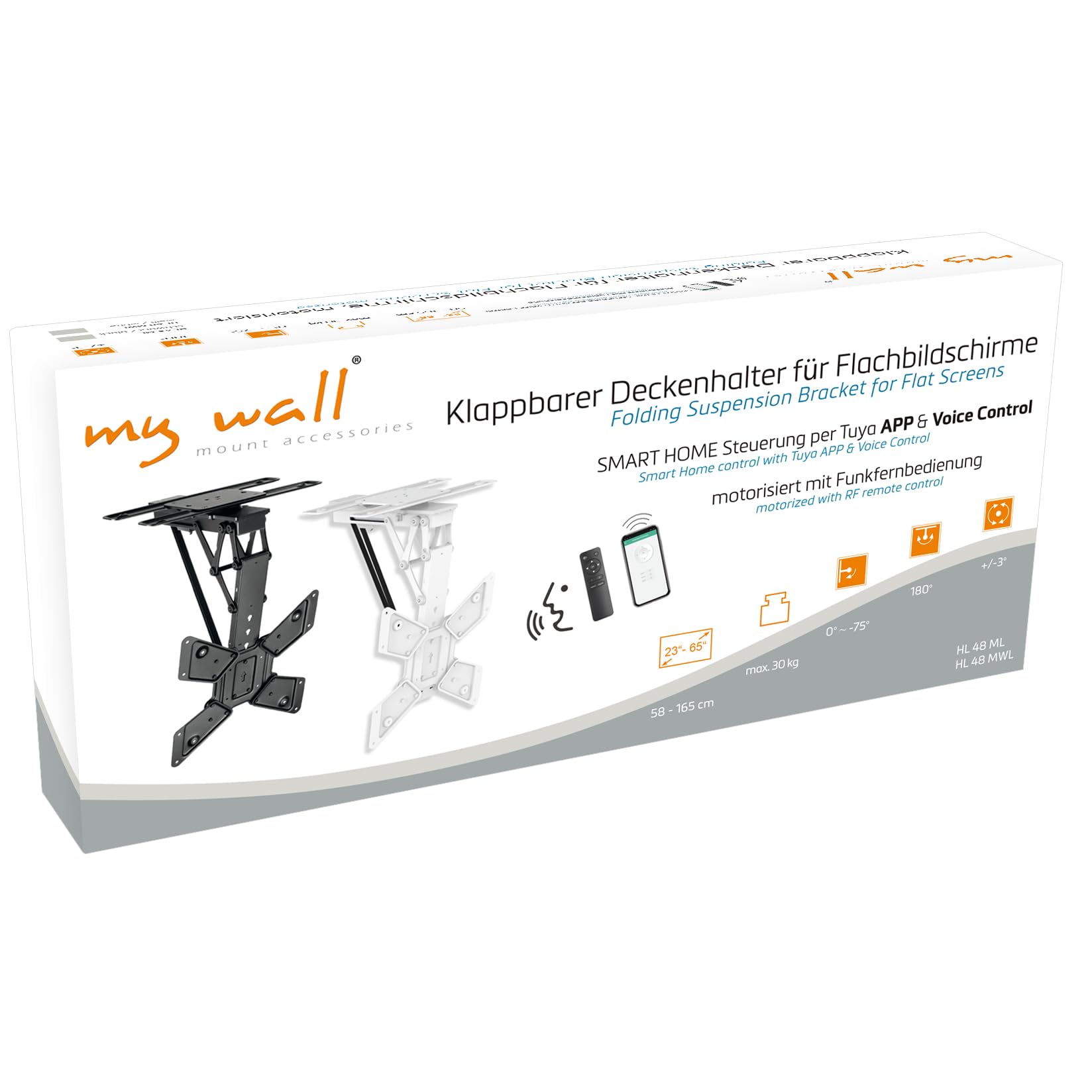 my wall Motorisierter TV Deckenhalter - HL48ML, Smart Home, Alexa und Google Home Kompatibel, Sprachsteuerung, TV Deckenhalterung elektrisch, Klappbar, Schwenkbar, Fernbedienung oder App Steuerung