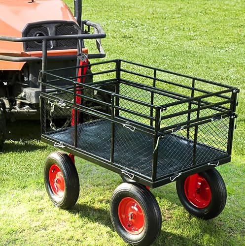 1400 Lbs Metal Garden Cart, Heavy Duty Garden Wagon with Removable Steel Mesh Sides, Utility Yard Carts with 180° Rotating Handle with 10 Inch Wheels, 3.2Cu.Ft Load Capacity Outdoor Wagons
