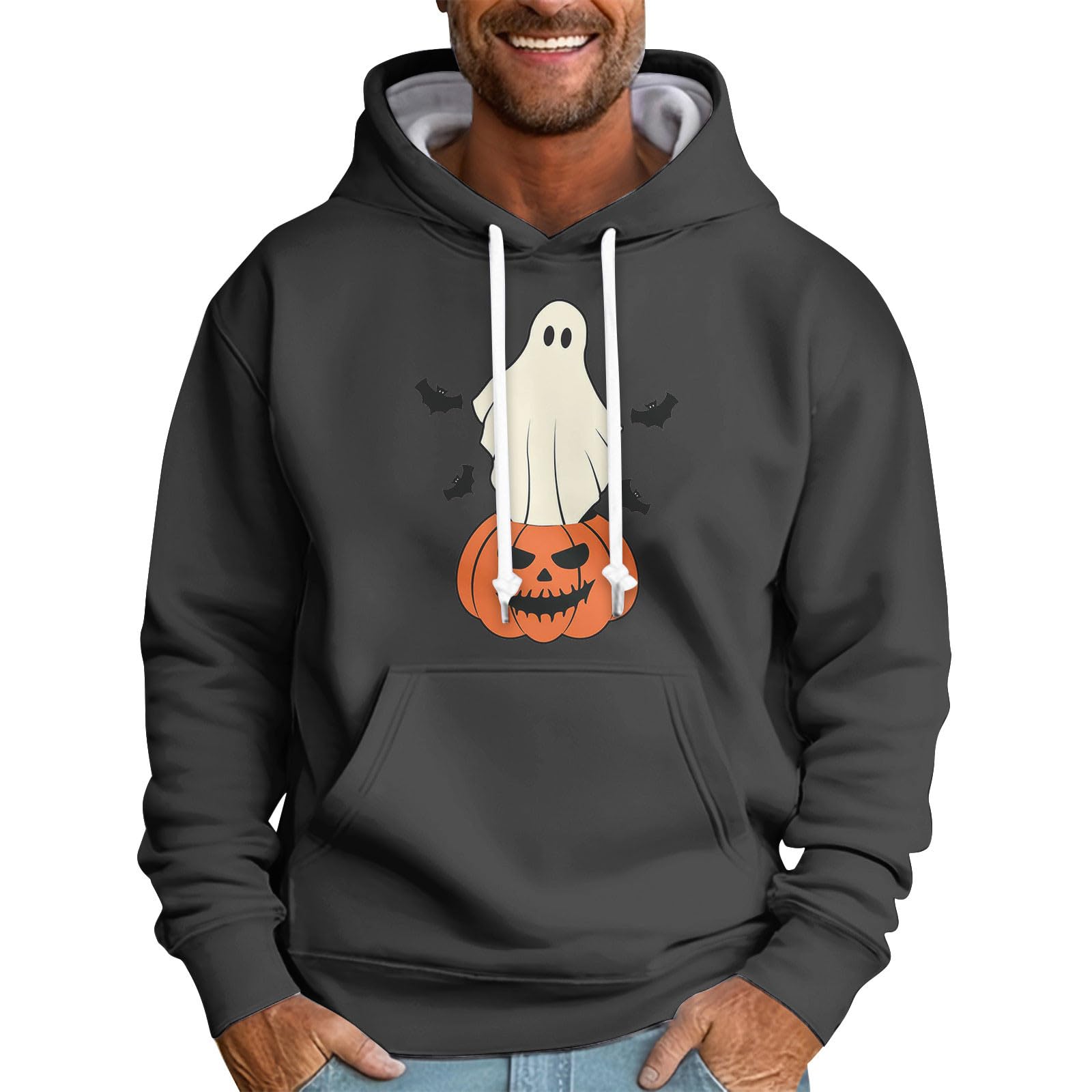 AzeraliaHalloween Hoodies for Men Long Sleeve Round Neck Sweatshirt Drawstring Print Pullover Casual Sports Top
