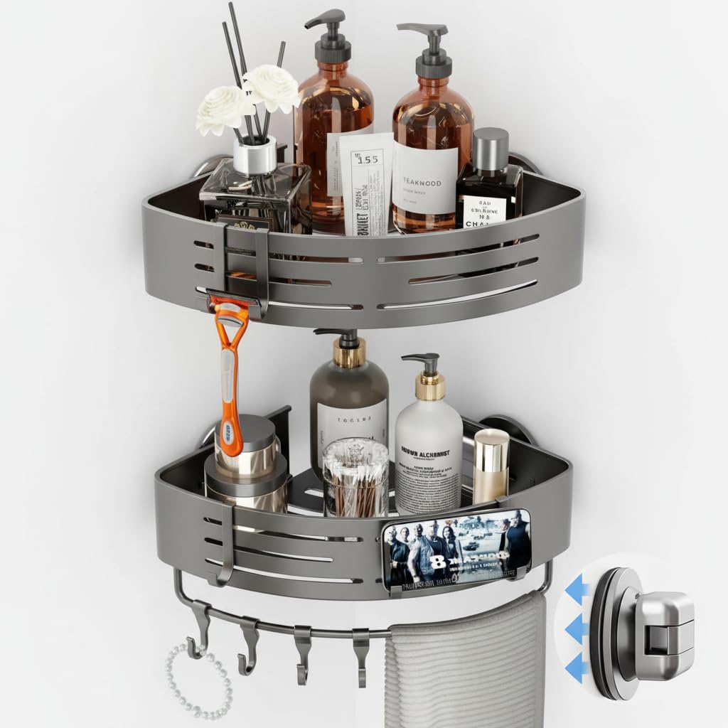 QT QY Corner Shower Caddy Suction Cup 2 Pack Corner Shower Shelves No Drilling Upgraded Larger Suction Cup
