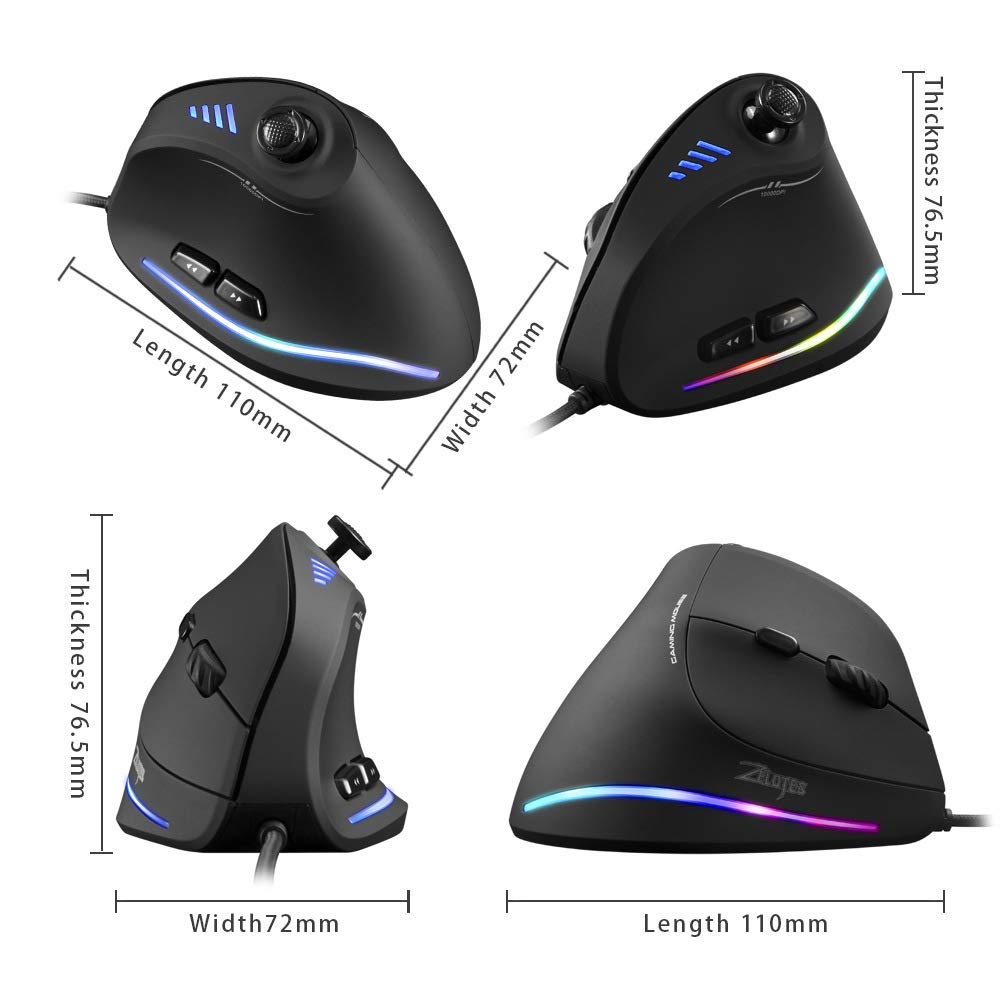 Zeerkeer Ratón Vertical ergonómico, Mouse Vertical RGB con Cable para Juegos con Joystick, 11 Botones programables, 5 dpi Ajustables (1500-2500-4000-7000-10000) para PC, Escritorio, Laptop