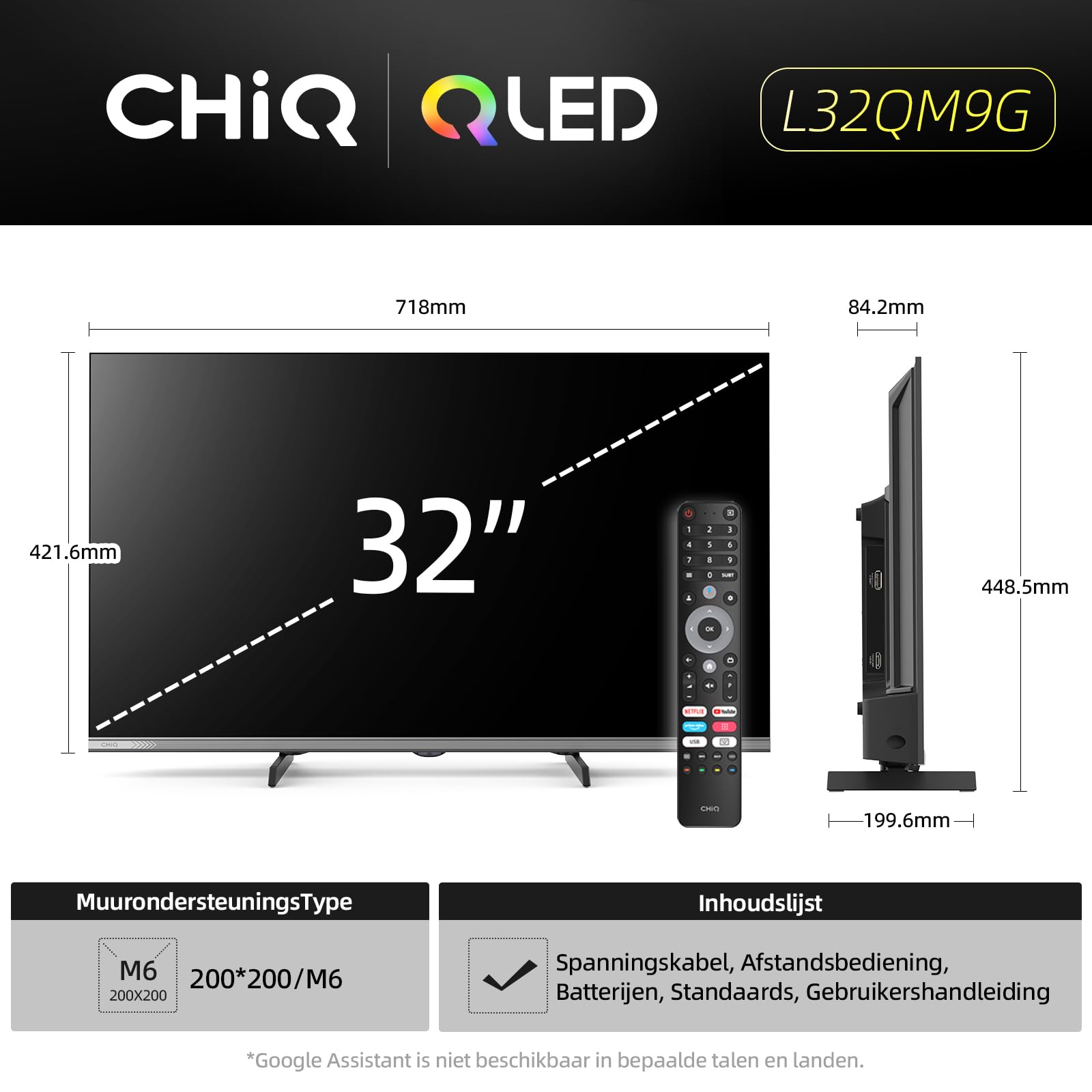 Google QLED CHiQ 32QA10 32 inch Smart TV | Full HD HDR10 | Dolby Audio en DBX-TV | Frameloos metalen ontwerp | Geïntegreerde Chromecast | Google Assistant | Nieuw model 2025