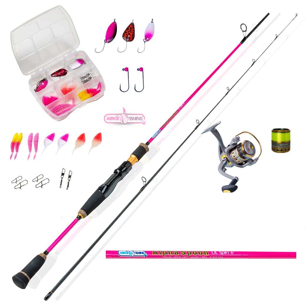 Ultraleichtes Angelset für Mädchen – Alpha Spoon | 180cm UL-Carbonrute, Angelrolle Expert1000 mit Schnur, Köderset inkl. Spoons & Gummifische | Perfekt für Forellen- und Barschangeln
