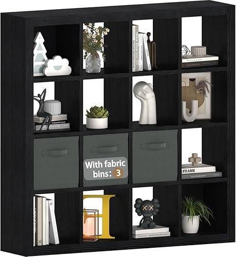 Miniatura 13 de Estantería con contenedores de almacenamiento, organizador de almacenamiento de 9 cubos, estantería de madera resistente, estante abierto para Roble