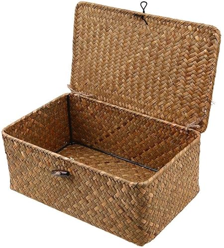 Miniatura 9 de Cesta de almacenamiento tejida a mano con tapa de pastos marinos, versátil caja de almacenamiento tejida con tapa, ideal para cosméticos, ropa,