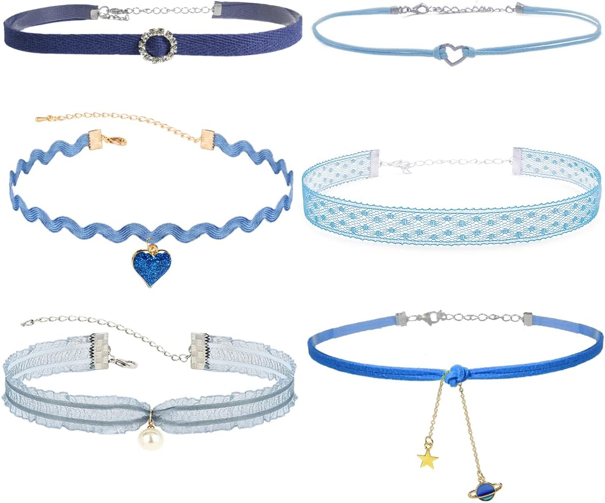 Nova&Aria 6PC Blue Chokers Set For Women Heart Pearl Choker