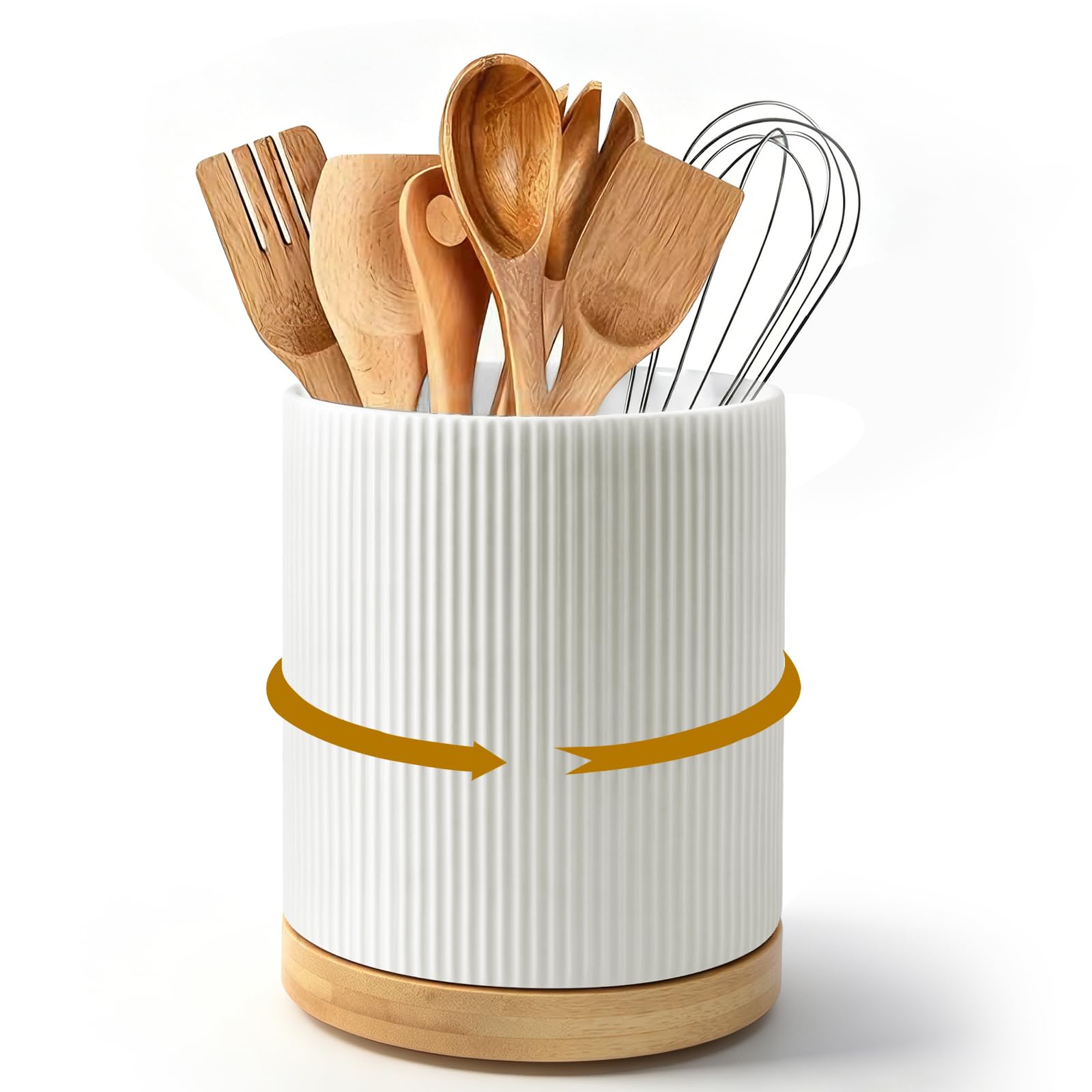 Porte Ustensiles Cuisine en Céramique: Porte-ustensiles en Bois Pivotant à 360°-Facile à Nettoyer Rangement pour ustensiles de Cuisine-Support pour Ustensiles de Cuisine pour Spatules Cuillères