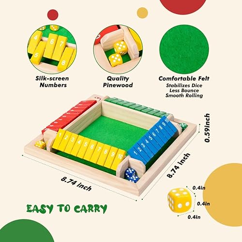 Miniatura 3 de Wooden Shut The Box Game, 4 Players, Educational Dice Board Game, Numbered Tiles, Home Classroom Camping, Anti-Slip Bottom