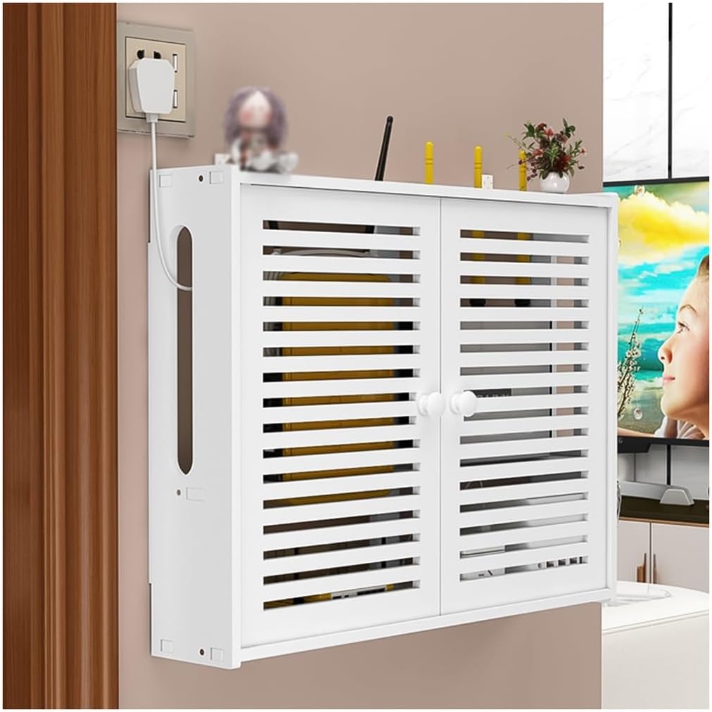 Wall-Mounted Router Storage Box, WiFi Set-Top Box Organizer with Cable Management, No-Drill Installation, PVC Shelf for Wireless Router & TV Components(42x10x31cm)