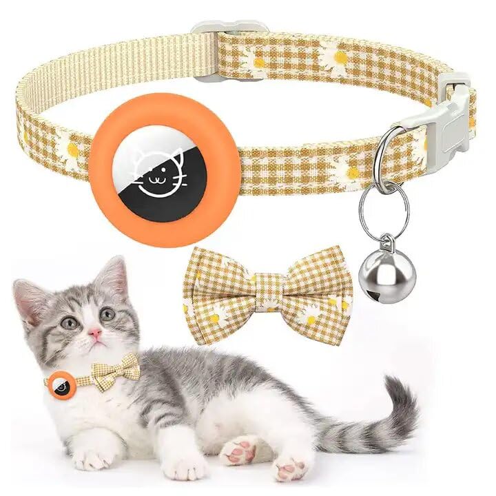 Airtag Cat Collar, Adjustable Air tag Cat Collar Holder with Safety Buckle and Bell in 3/8" Width, Cat Necklace with Waterproof Holder for Cat and Puppy Dogs, Checked Pet Collar (Orange)