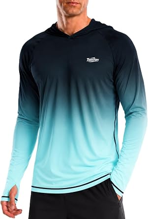 Mens UPF 50+ Sun Hoodie, Long Sleeve UV Protection Hooded Fishing Shirts, Lightweight Swim Surfing Rash Guard