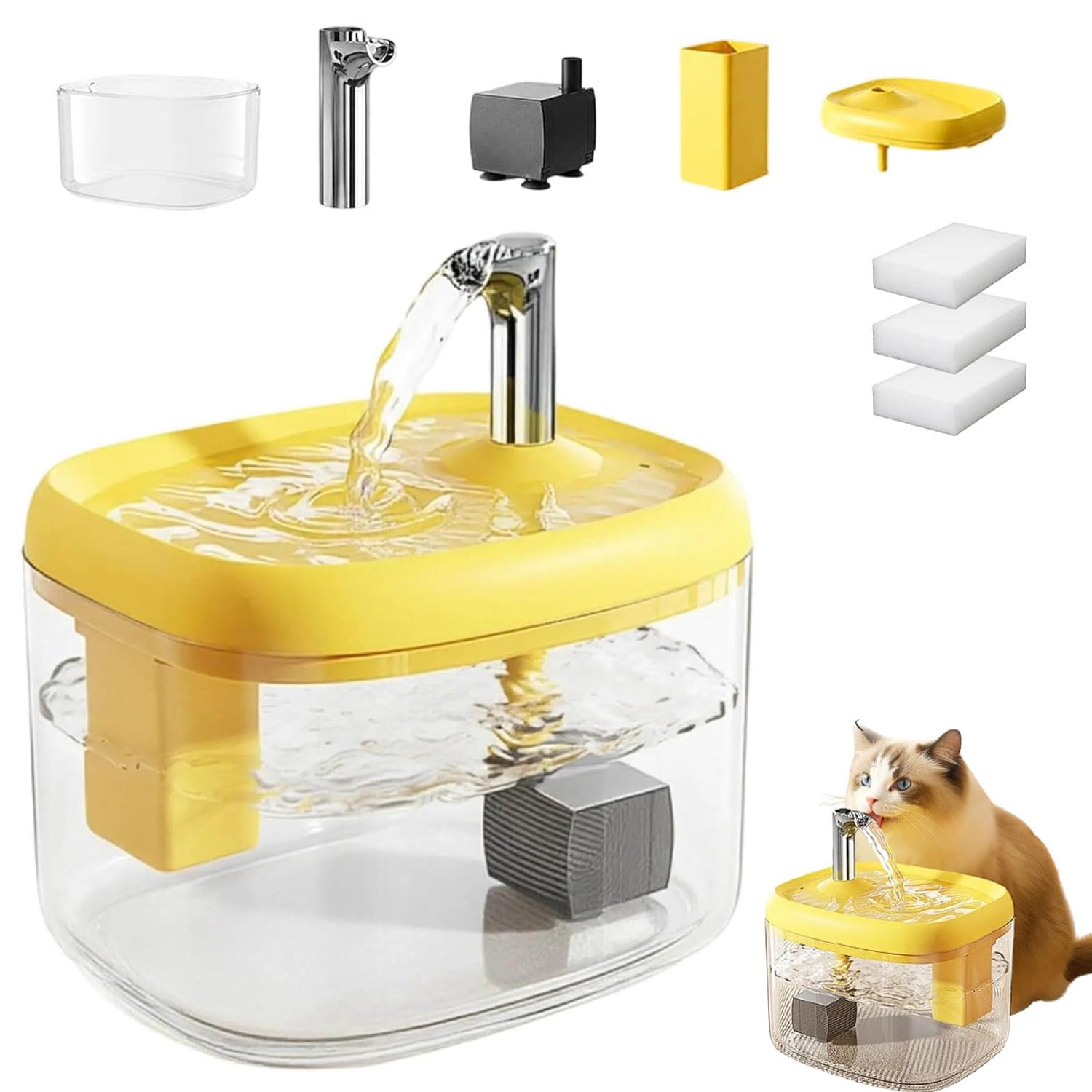 Flowing Pet Water Fountain, Silent Pet Drinking Dispenser with Food-Grade PET Bowl, Cat Water Fountain for Drinking, 1.5L Automatic Pet Water Dispenser with 3 Filters for Cats and Small Dogs (Yellow)