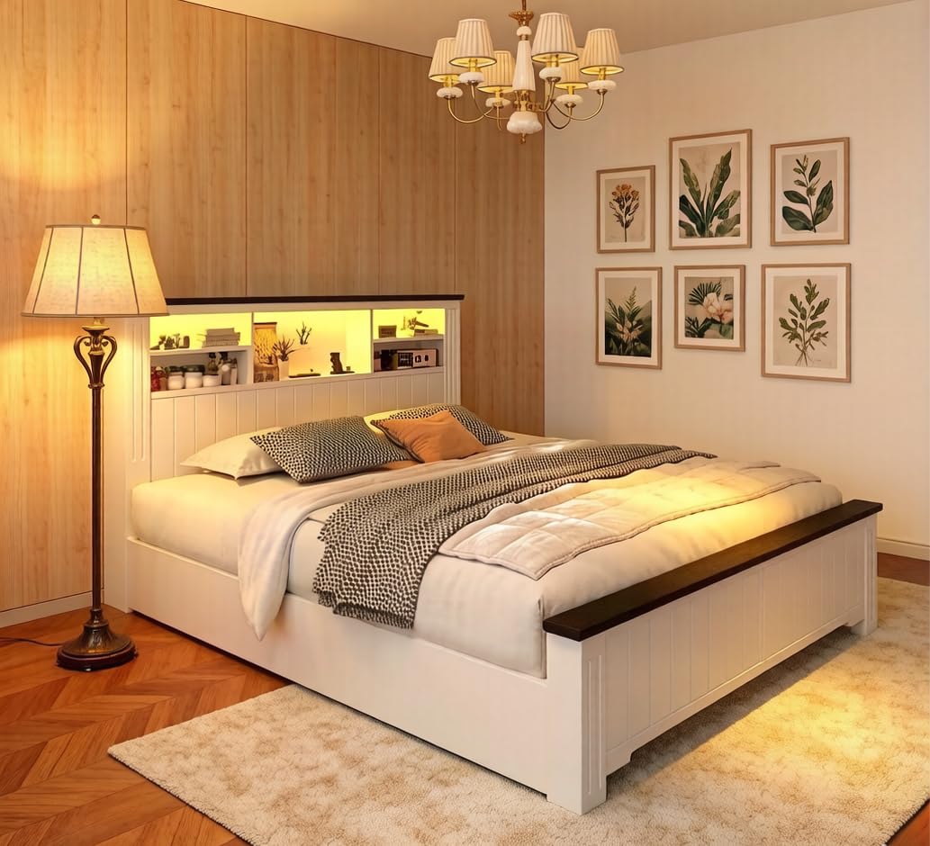 EnHomee Full Size Bed Frame with Storage Headboard