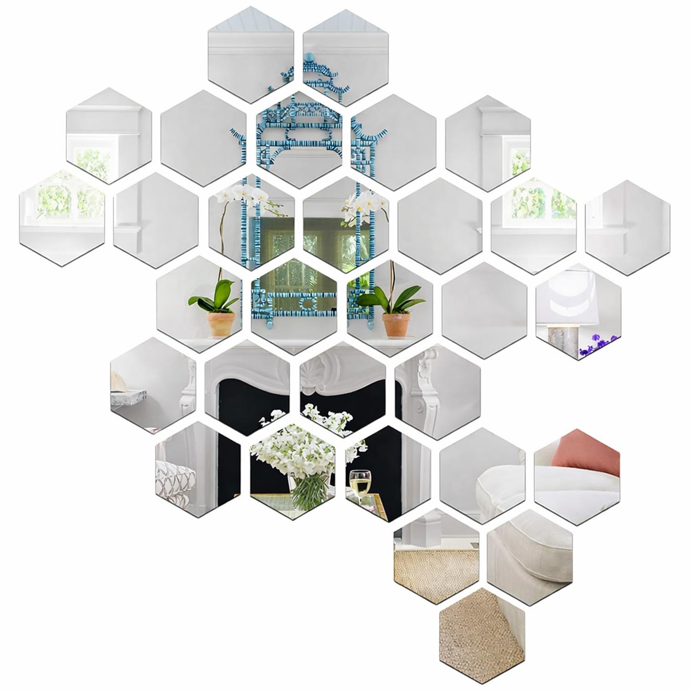 Wall1ders 31-Piece Hexagon with 10 Butterfly Mirror Wall Stickers Self-Adhesive Acrylic Geometric Wall Decals for Modern Home Decor and Living Room DIY (Each Hexagon Size 12 x 10 cm)
