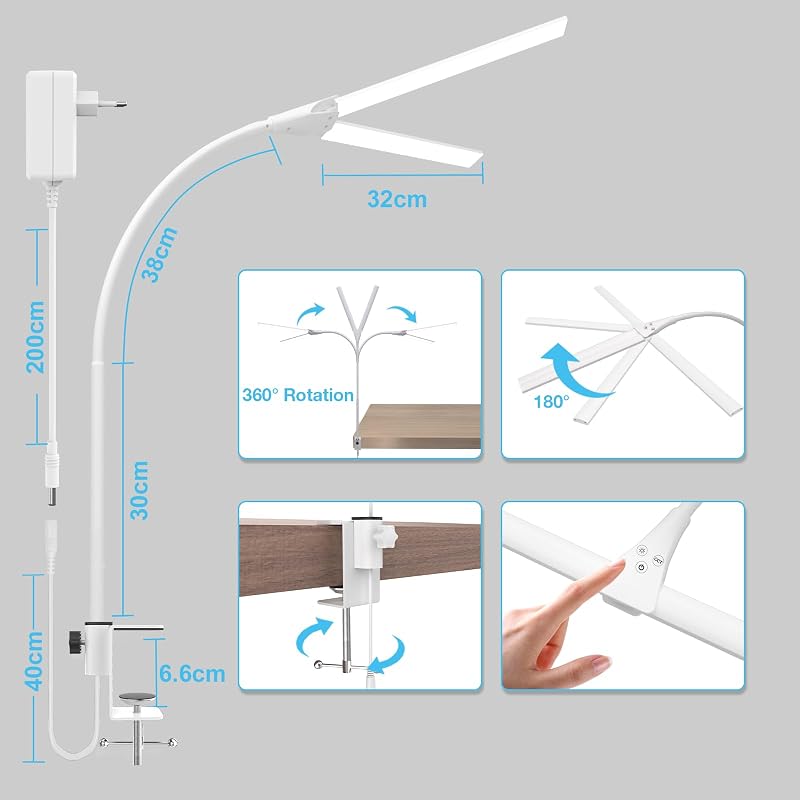 Lampă de birou LED Hensam pentru monitor, lumină naturală, 1400 lm, intensitate reglabilă, cu clemă, cap dublu flexibil, 5 moduri de iluminare, alb