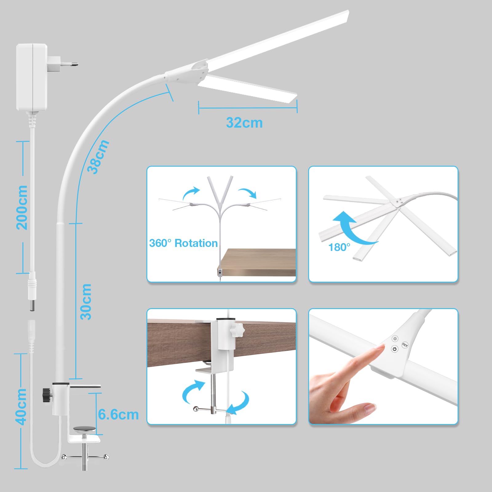 Hensam Lampe de Bureau LED Puissante Dimmable, 5 Modes de Couleur, Protection Yeux, Blanc