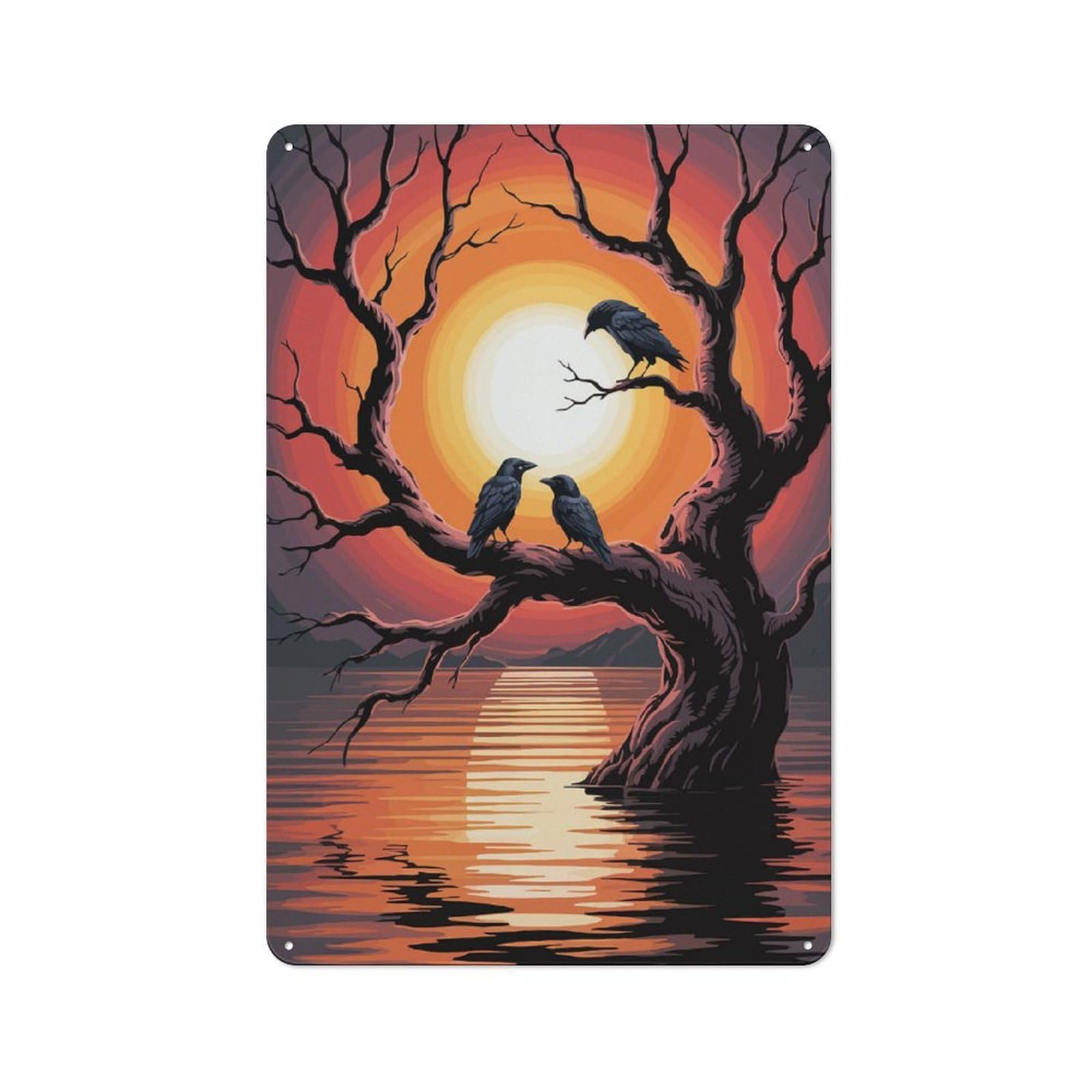 Junmoney Crows On A Tree At Sunset Vintage Tin Sign 30X20cm Featuring For Café Or Home Bar, A Metal Wall Feature For Cafés And Home Bars