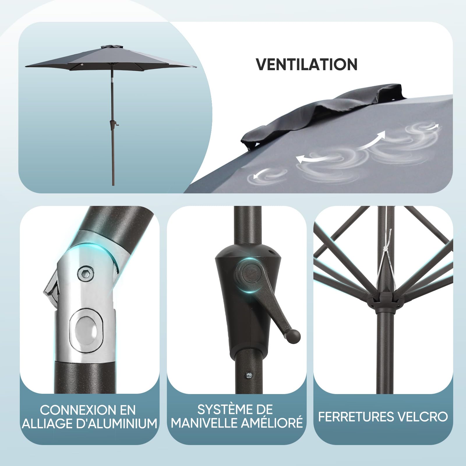 Sekey Parasol avec protection UV50+, imperméable, avec manivelle – Idéal pour le jardin, le balcon et la terrasse