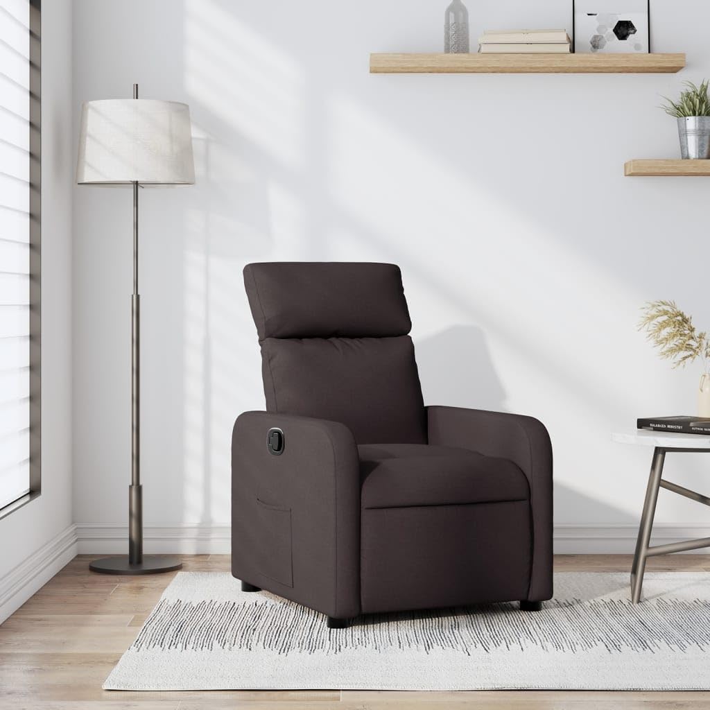 Fotel relaksacyjny, ciemnobrązowy materiał z ręczną funkcją leżenia, regulowane oparcie i podłokietniki, drewniana metalowa rama, ergonomiczny fotel do salonu i kącika do czytania