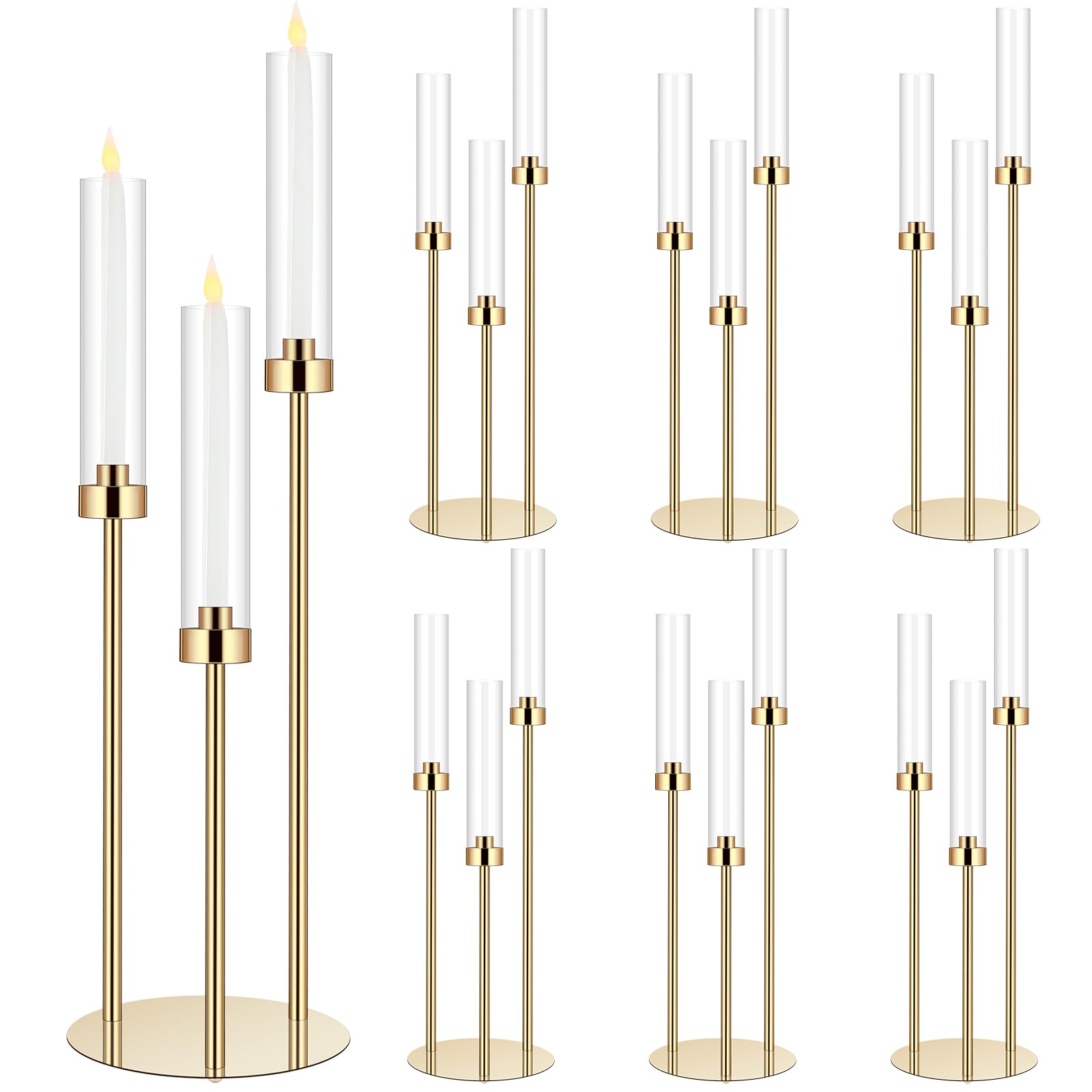 Layhit 6 Set 3 Arm Acrylic Candelabra Table Centerpiece Tall Floor Candle Holder with Shade Pillar Taper Candle Stand for Wedding Valentine Ceremony Dining Party Fit 0.87 LED Candle(30.7",Gold)