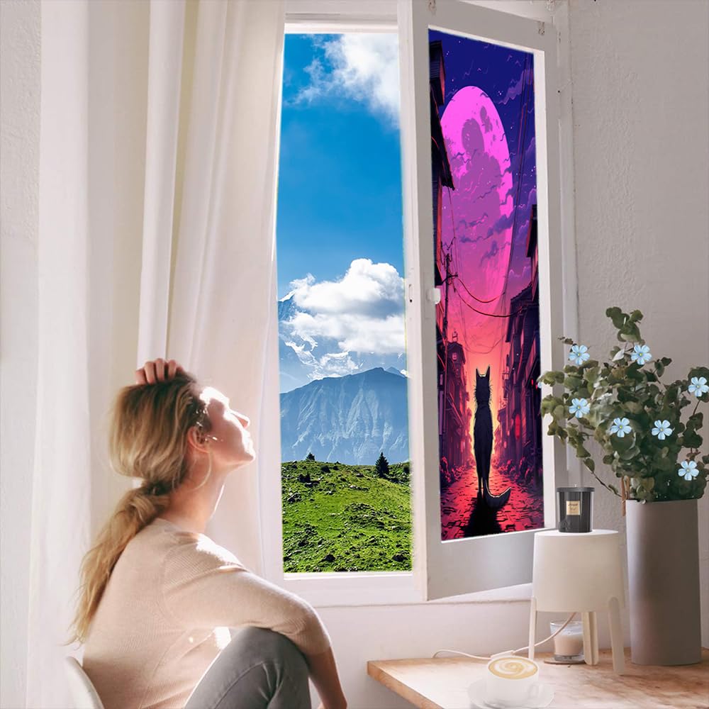 Abstrakte Katze, Buntglas-Fensterfolie, Retro-Stil, japanischer Stil, Tier, gehend, Mondlicht, dekorative Milchglas-Sichtschutzfolie, Hitzeregulierung, statisch haftende Fensteraufkleber, 80 x 120 cm