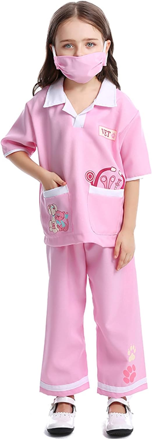 Feynman Bata de médico para niños, disfraz de veterinario para niñas, uniforme, juego de rol, enfermera, maletín de médico, fiesta de carnaval, color rosa, XS