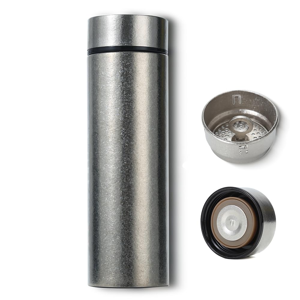 Titanium Thermosflaschen mit Teefilter, doppelwandiger Vakuum-Wärmebecher, silber, langlebig und leicht, für heiße und kalte Getränke Thermobecher mit integriertem Sieb (500ML)