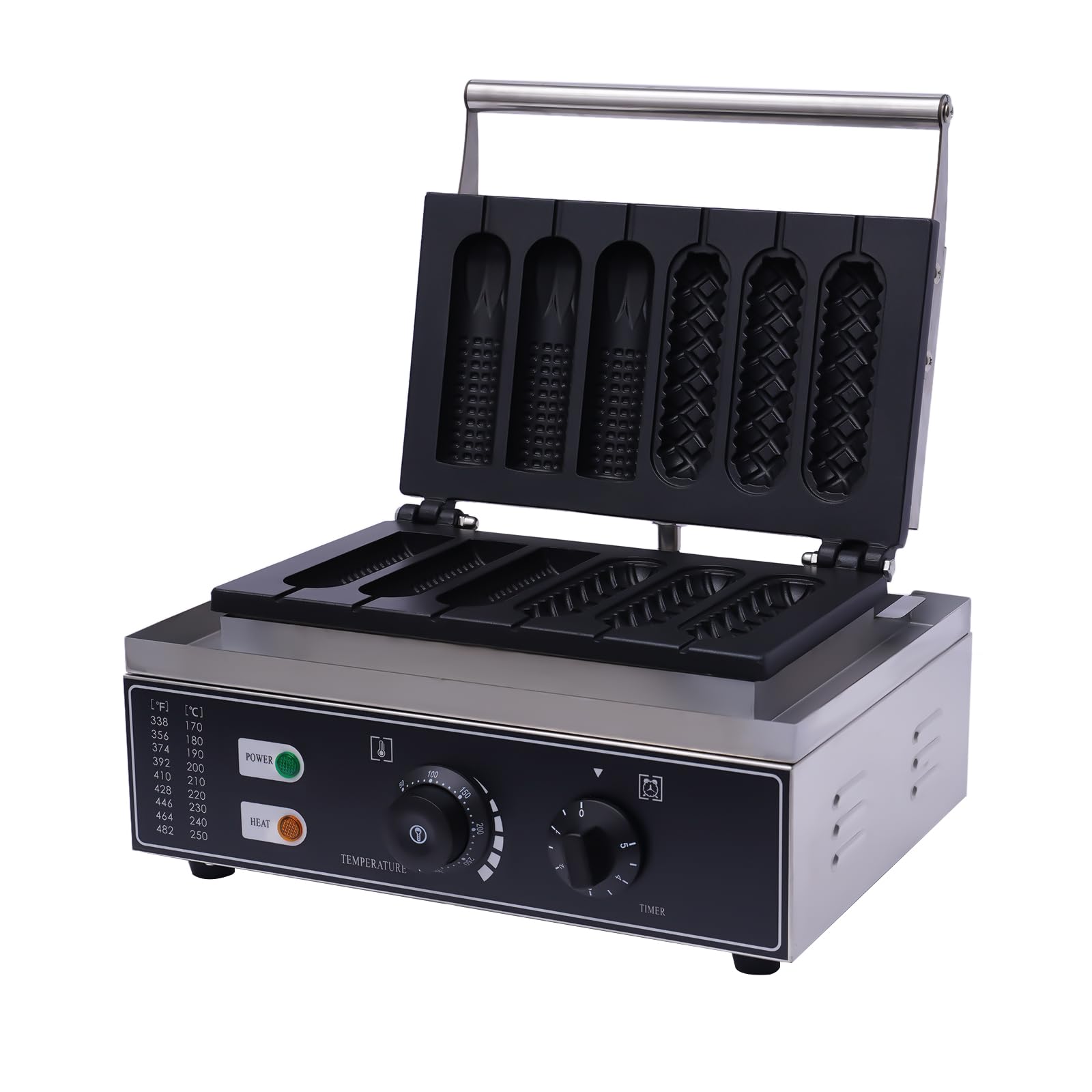 Bacocoo Commercial Corn Dog Waffle Maker, 6 Molds, 1500W, Temperature Control 122-572°F, Timer, Silver