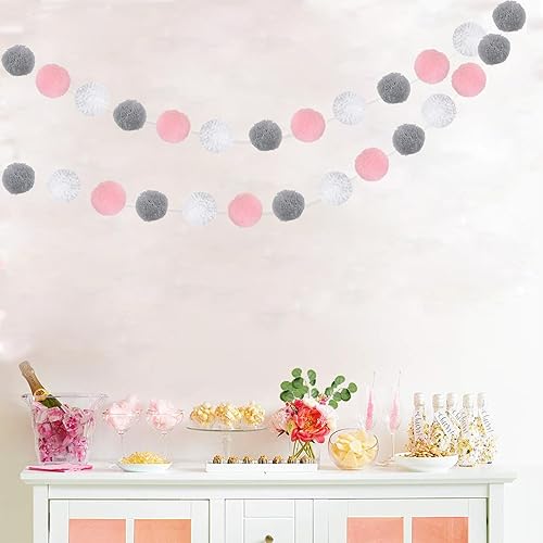 Miniatura 6 de Zwiebeco Guirnalda de bolas de color rosa, gris y blanco, adornos para baby shower, cumpleaños, boda, fiesta, habitación de bebé, habitación de