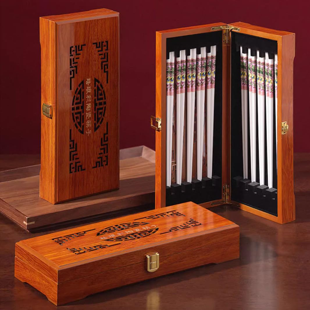 Coffret cadeau de baguettes en porcelaine chinoise, coffret cadeau de 10 paires de baguettes réutilisables lavables au lave-vaisselle avec étui, baguettes en céramique d'os de haute qualité avec