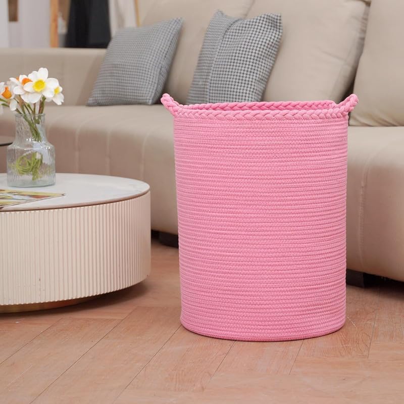Image of SHAGCRAFT Storage Rope Laundry Hamper Basket for Clothes, Towels and Blankets in Livingroom, Bedroom, Laundry Room and Basket for Nursery Storage (Size - 14 inch x 14 inch x 16 inch) (Pink Zig Zag)