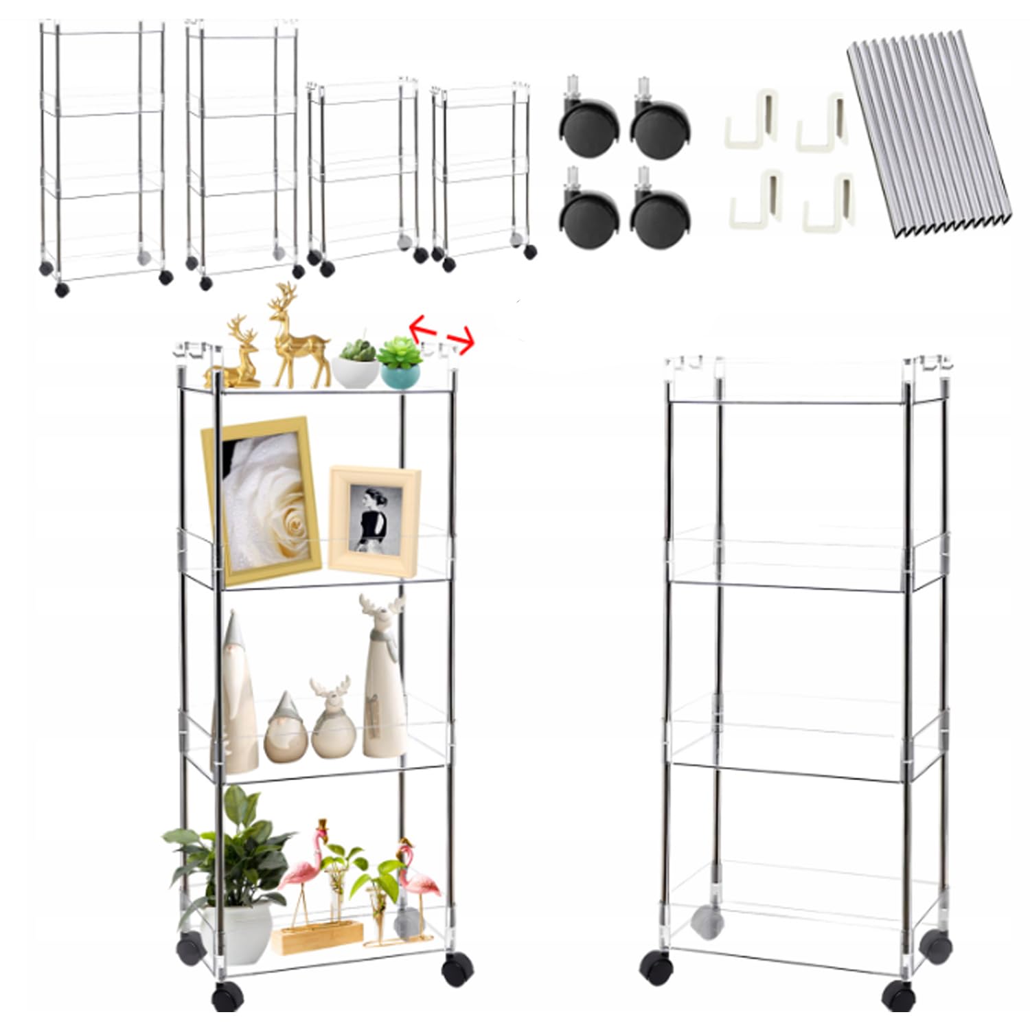 Hooha Carrello sottile a 4 ripiani, larghezza 9 cm, con ruote, multiuso per cucina, bagno, biancheria, punti stretti, plastica e acciaio inox, trasparente