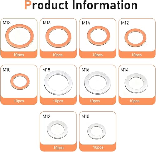 Miniatura 2 de Qurbuns 100 juntas de tapón de drenaje de aceite, resistentes al calor, juntas de sellado de aceite de cobre con estuche de almacenamiento, tapón de