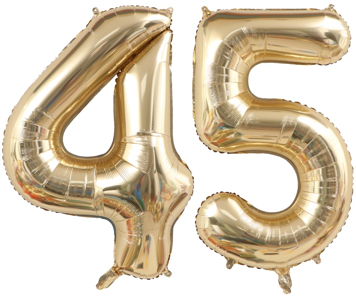 Light Gold Number 45 Foil Balloons 40 Inch White Gold 45 Mylar Balloon | 45th Birthday Big Giant Jumbo Large Digital Helium Balloons 45 or 54 Anniversary Banquet Events Party Decorations Supplies