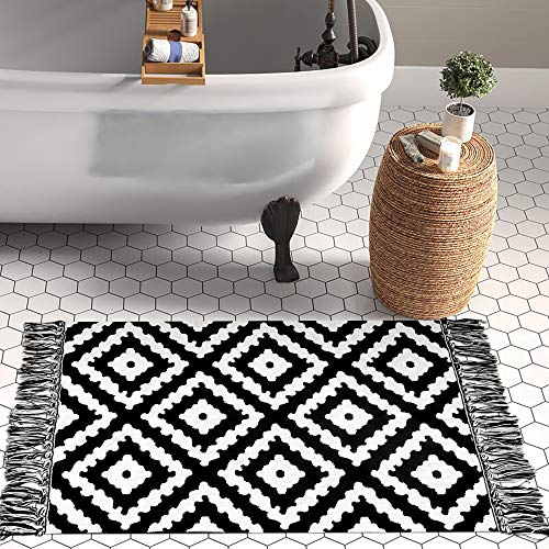 Upgraded Boho Bathroom Rug 2'x3', 100% Woven Boho Rug for Bedroom Black and White Diamond Rug Bath Mat, Kitchen Rug Washable Cotton Small Throw Rug, Tassel Rug for Kitchen/Laundry/Doorway/Porch