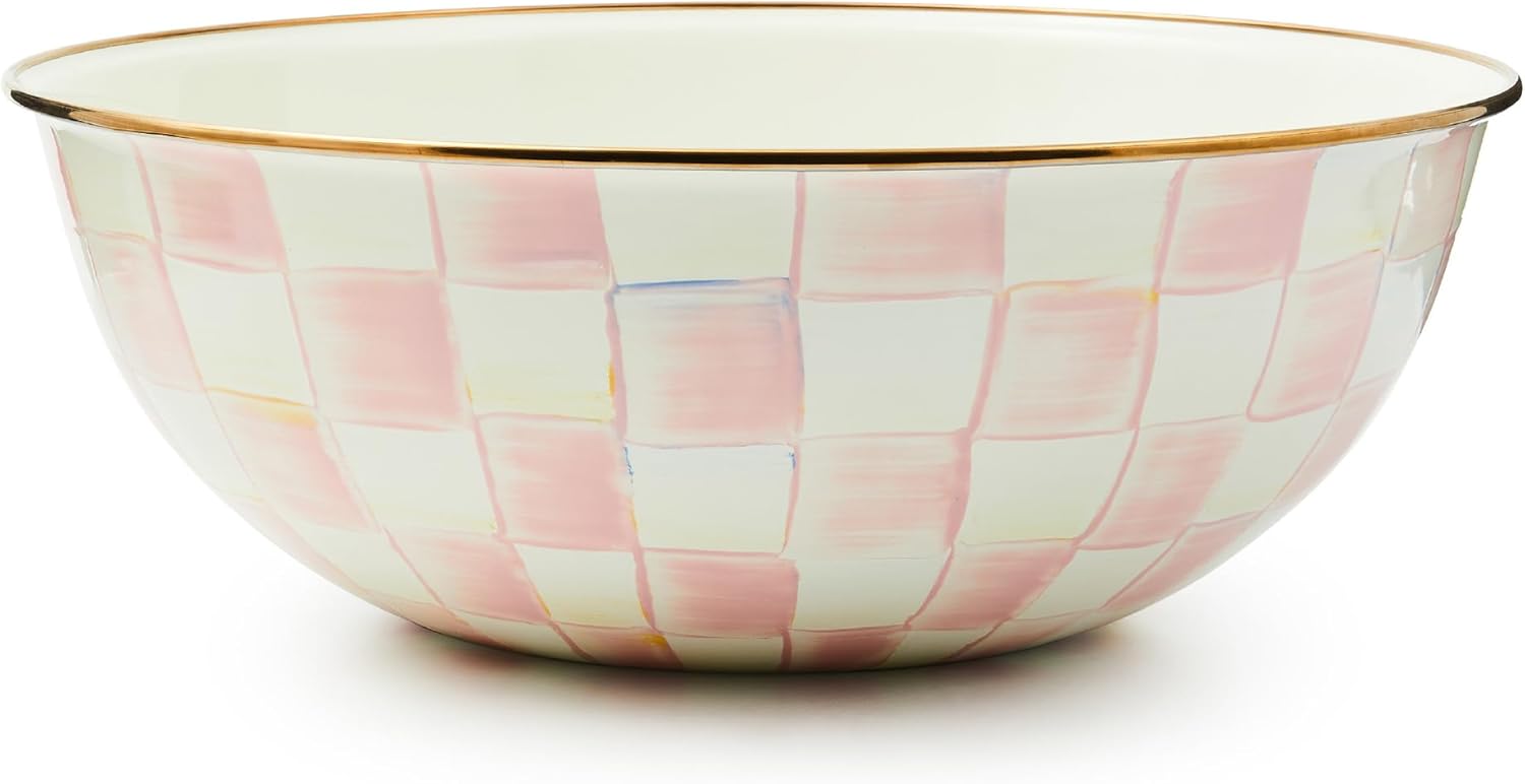 Enamel Everyday Serving Bowl – extra-large, pink-and-white rosy check