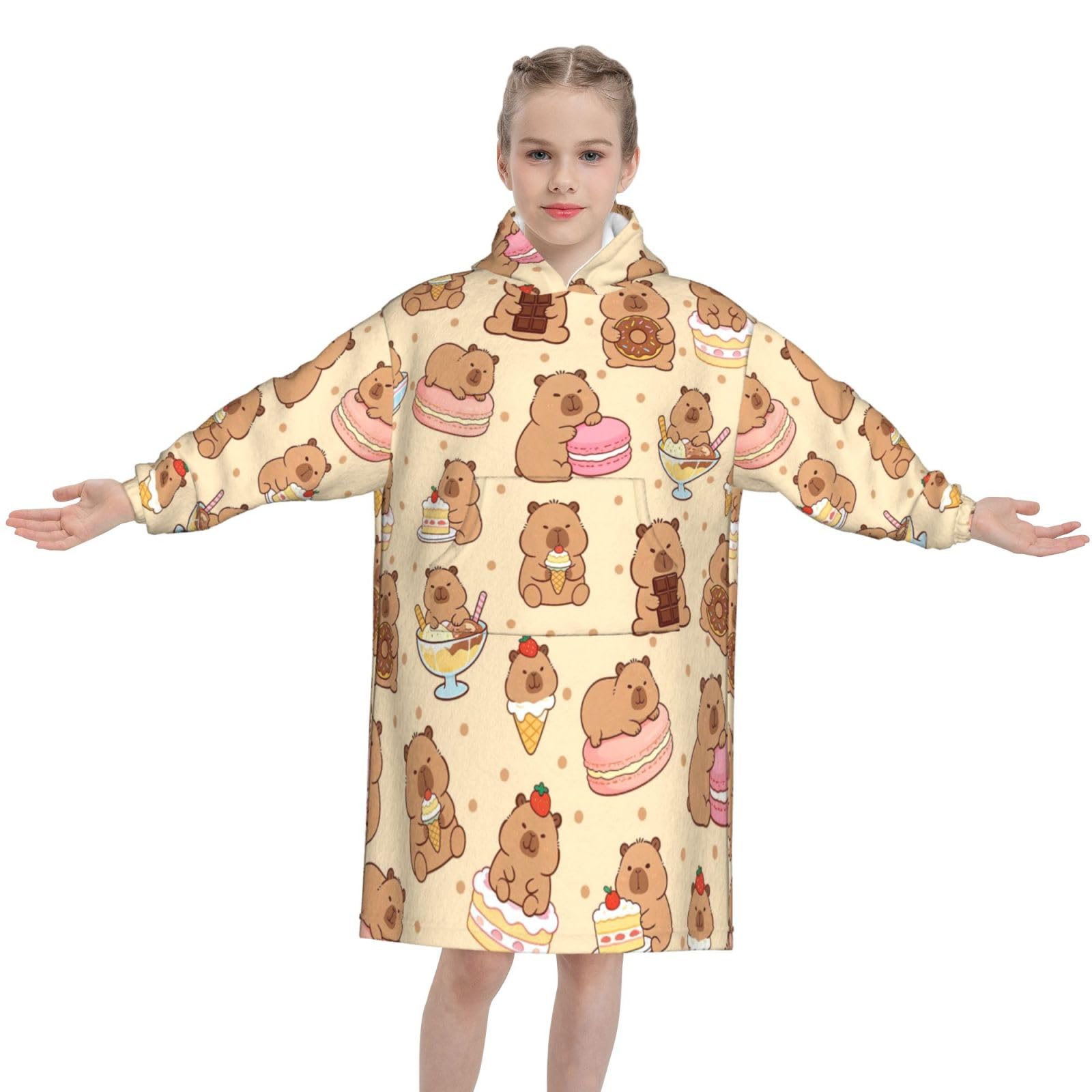 Cute Capybara Blanket Hoodie - Capybara Gifts for Daughter & Granddaughter, Soft Cozy Birthday Present Ideas for Girl, Child Winter Warm Flannel Wearable Blanket with Pocket
