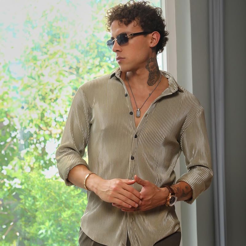 Image of CAHOOT Men's Hexagon-Lined Shirt | Casual Wear | Spread Collar | Long Sleeve | Button Closure | Shirt Crafted with Comfort Fit for Everyday Wear