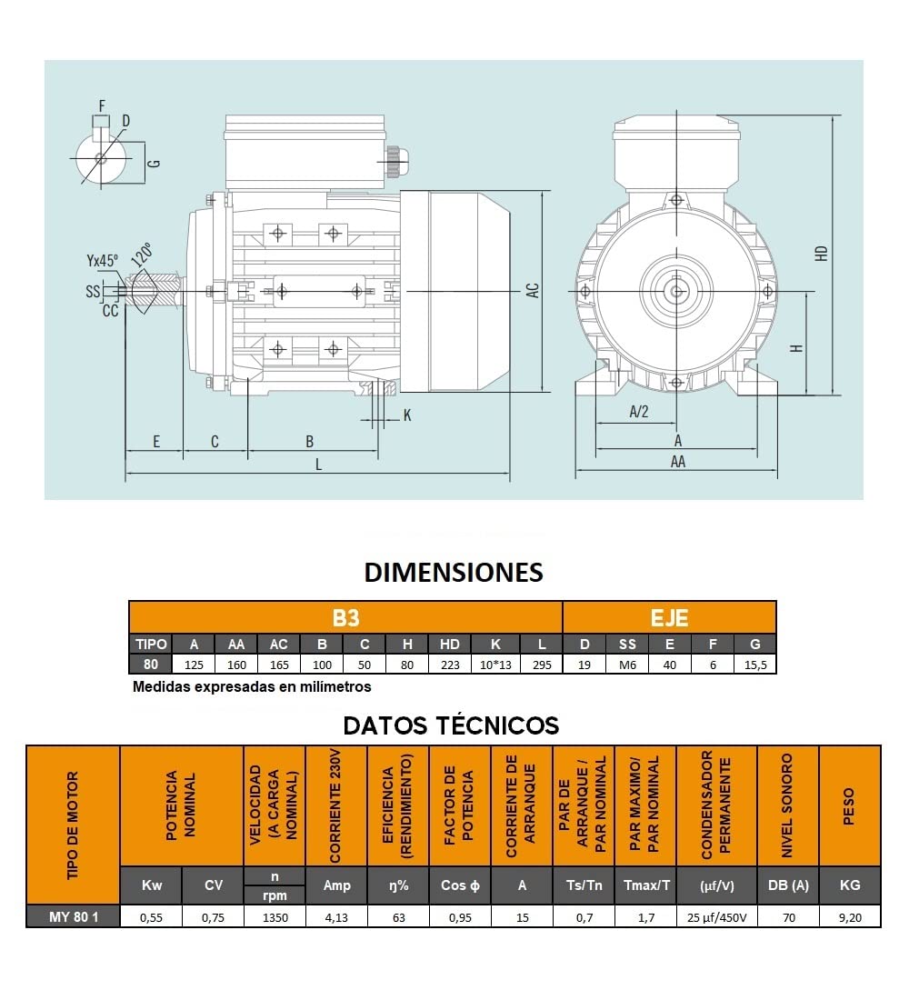 MOTOR ELECTRICO CEMER MONOFASICO 1500 RPM 230V 0,55KW / 0,75CV B3 PATAS TAMAÑO 80 Ø DEL EJE 19mm ARRANQUE MEDIO