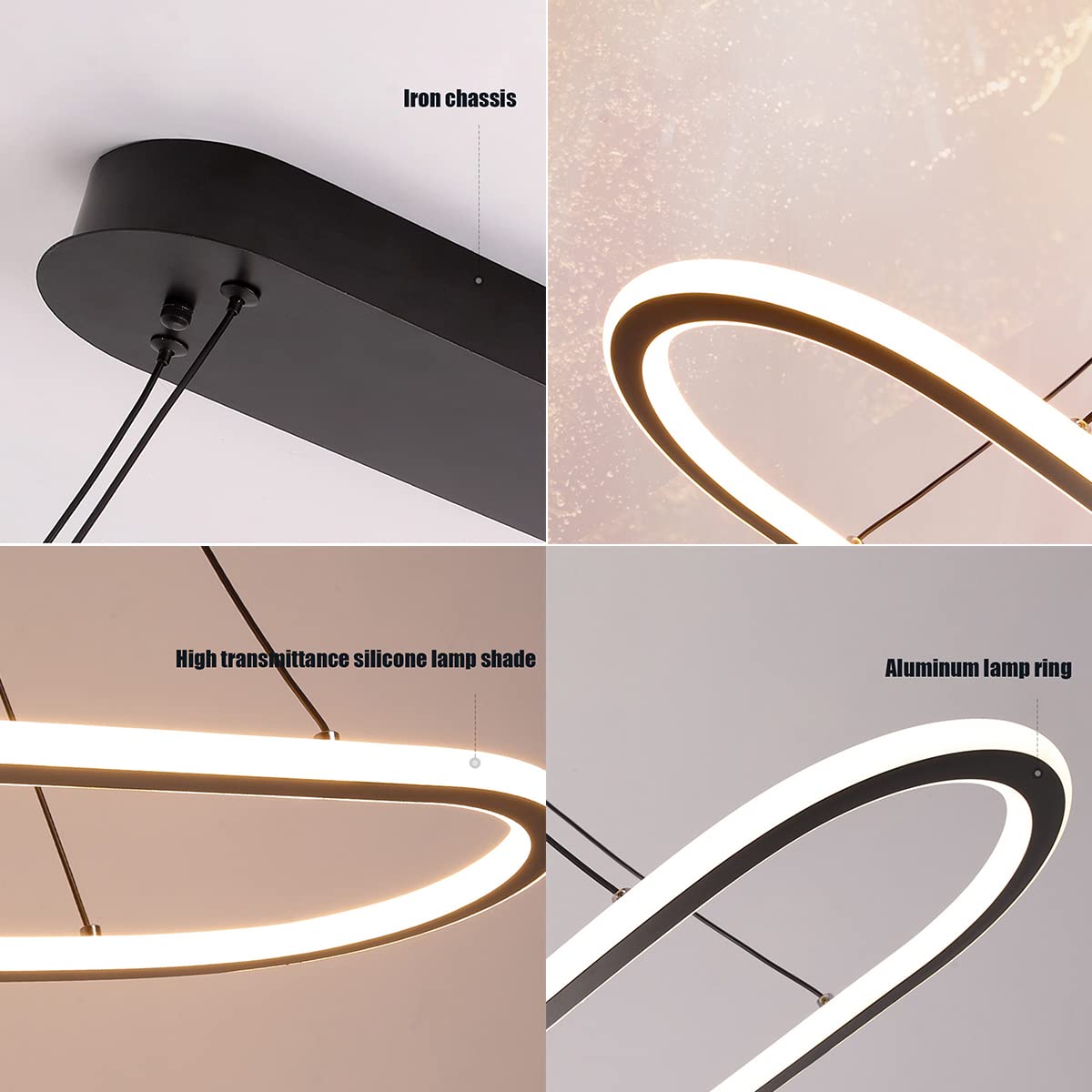 Lampy sufitowe LED do sypialni, owalny design, możliwość ściemniania, z pilotem zdalnego sterowania, regulowana wysokość do stołu jadalnego biura (czarny dł. 60 cm / 30 W)