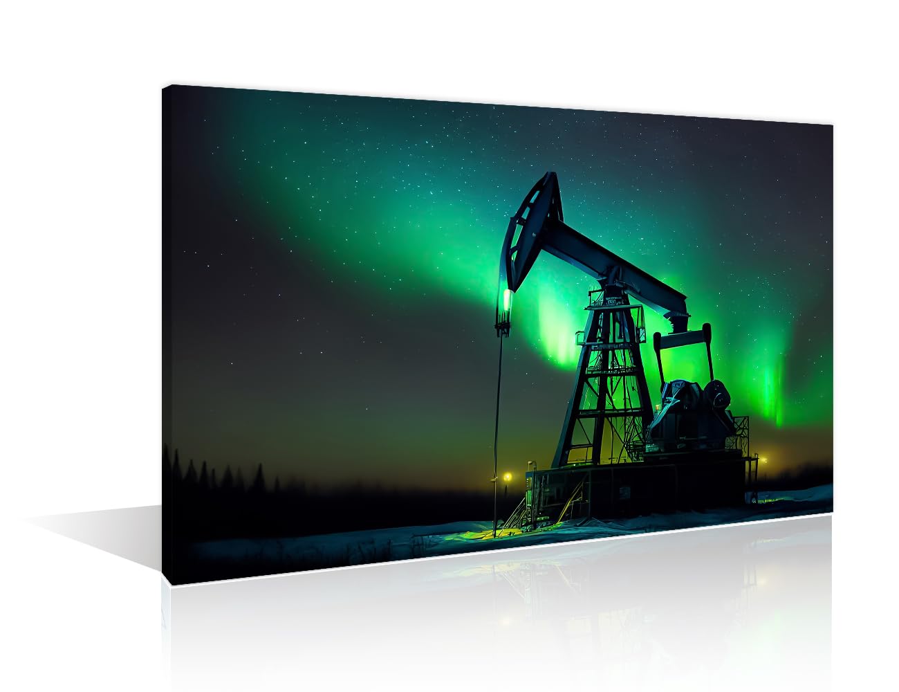 Pump Jack at Oilfield in Aurora Borealis Canvas Prints Wall Art Oil Pump Picture Artwork Prints for Home Office Bedroom Living Room Bathroom Kitchen Wall Decor Framed Ready to Hang 12"Wx18"H