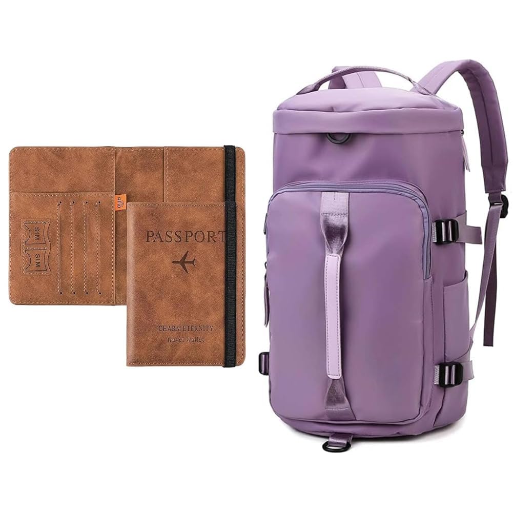 Passport Holder Cover Travel Wallet Organiser, Passport Case with RFID Blocking, PU + 44L Polyester Gym Duffel Shoulder Bag for Women Men for Sports, Waterproof Dufflebag with Shoe-image-32