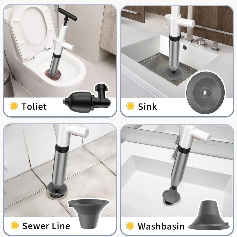 Déboucheur de Toilettes à Air Comprimé Déboucheur de Canalisation WC à Haute Pression avec Baromètre Débloqueur de Toilette avec 3 Têtes de Piston